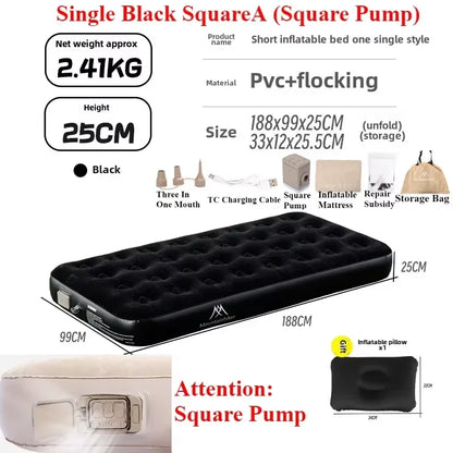 MOUNTAINHIKER 2025 Inflatable Air Mattress – PVC Glamping Sleeping Mat with Built-in Pump for 1-3 Persons