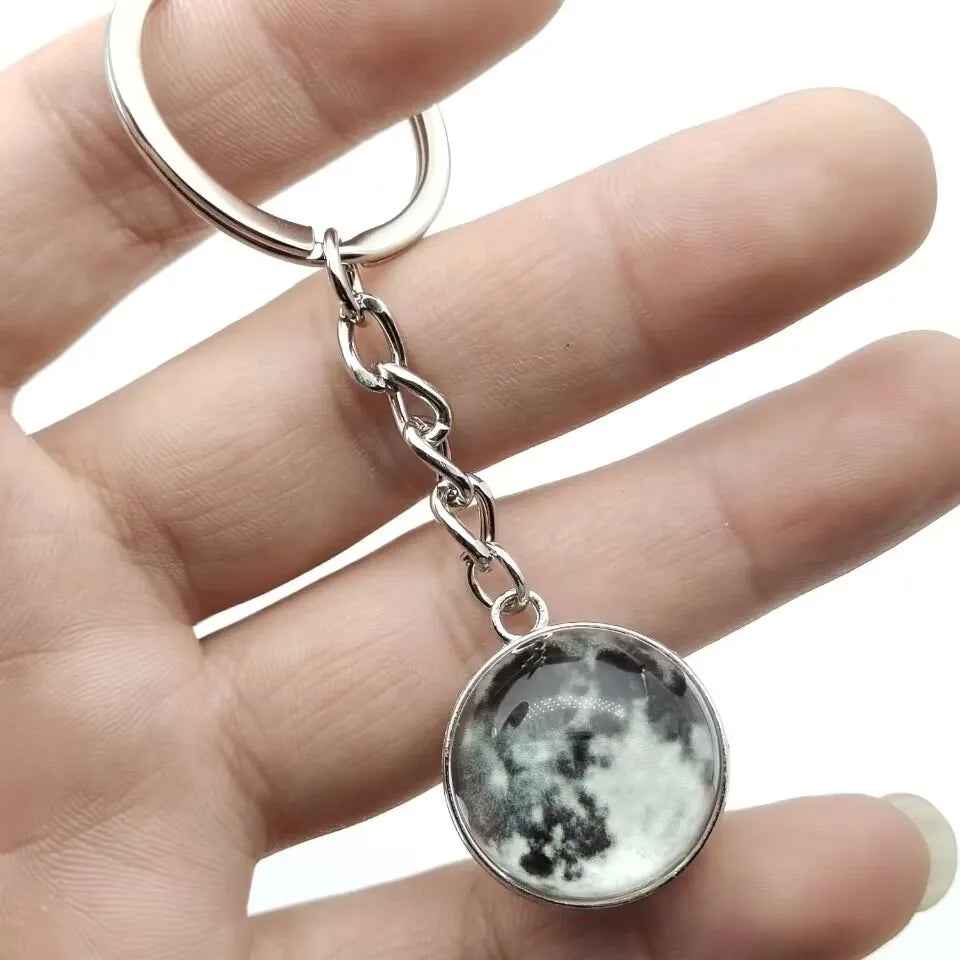 Glow in the Dark Solar System Keychain – Luminous Nebula Planet Key Ring with Moon, Earth, Sun, Double-Sided Glass Ball