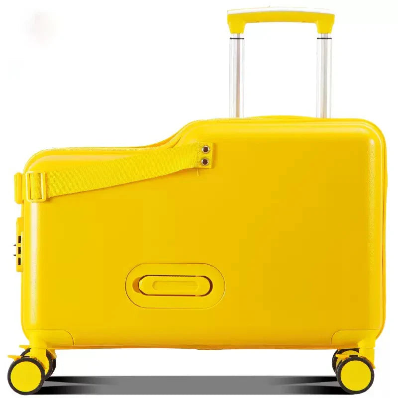 18-Inch Foldable Kids Suitcase with Seat – Lightweight PC Luggage for Boys & Girls, Compact Travel Pedal Boarding Case