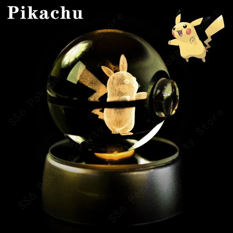 Pokemon Crystal Ball Night Light - 3D Pikachu, Gengar, Mew and Mewtwo Lamp Base, Glass Pokeball Figure, Birthday Gift