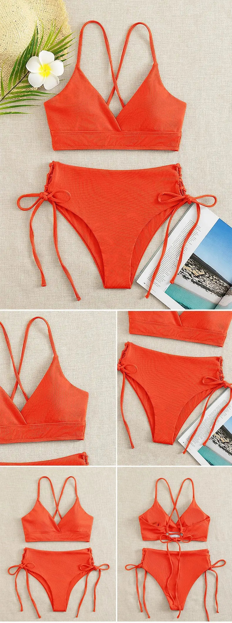 Cikini V-Neck Split Bikini Set – Sexy Lace-Up Triangular Solid Color Swimwear for Women