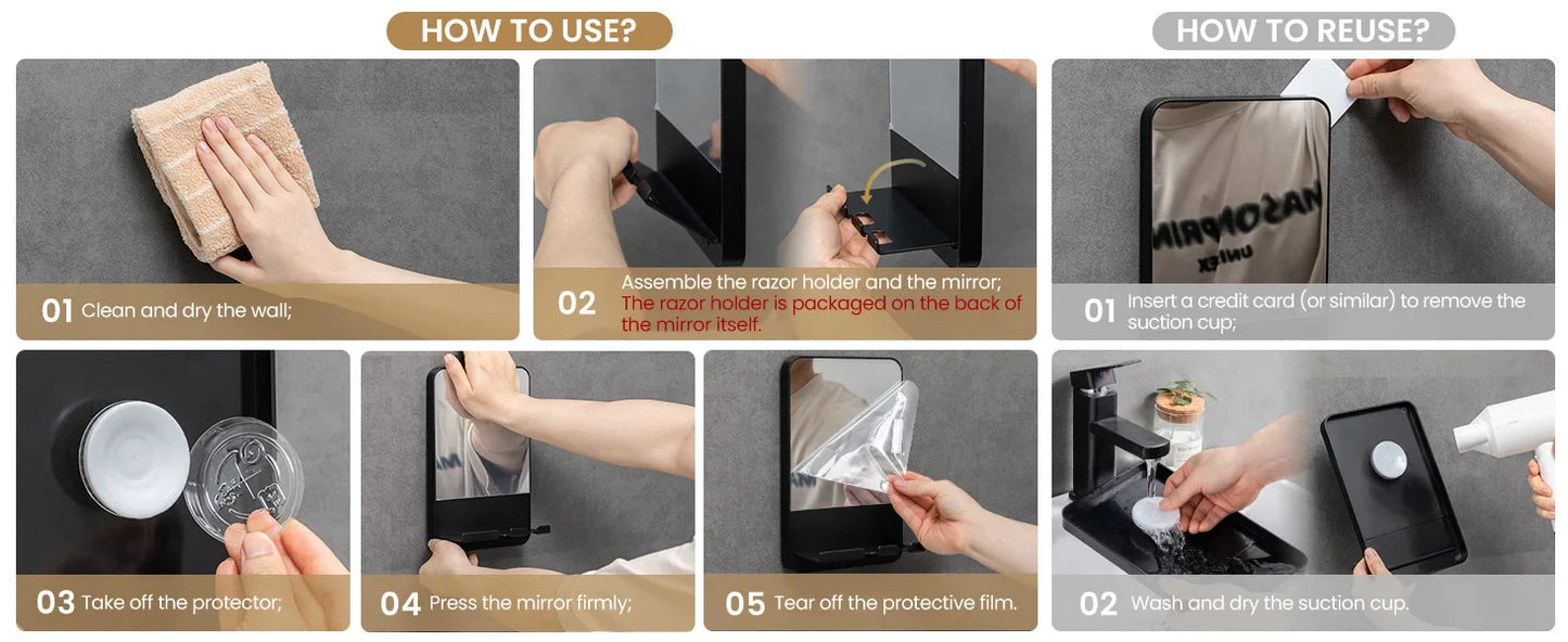 TAILI Shower Shaving Mirror with Storage Tray – Razor Holder, Suction Cup, Shatterproof & Fogless Bathroom Mirror