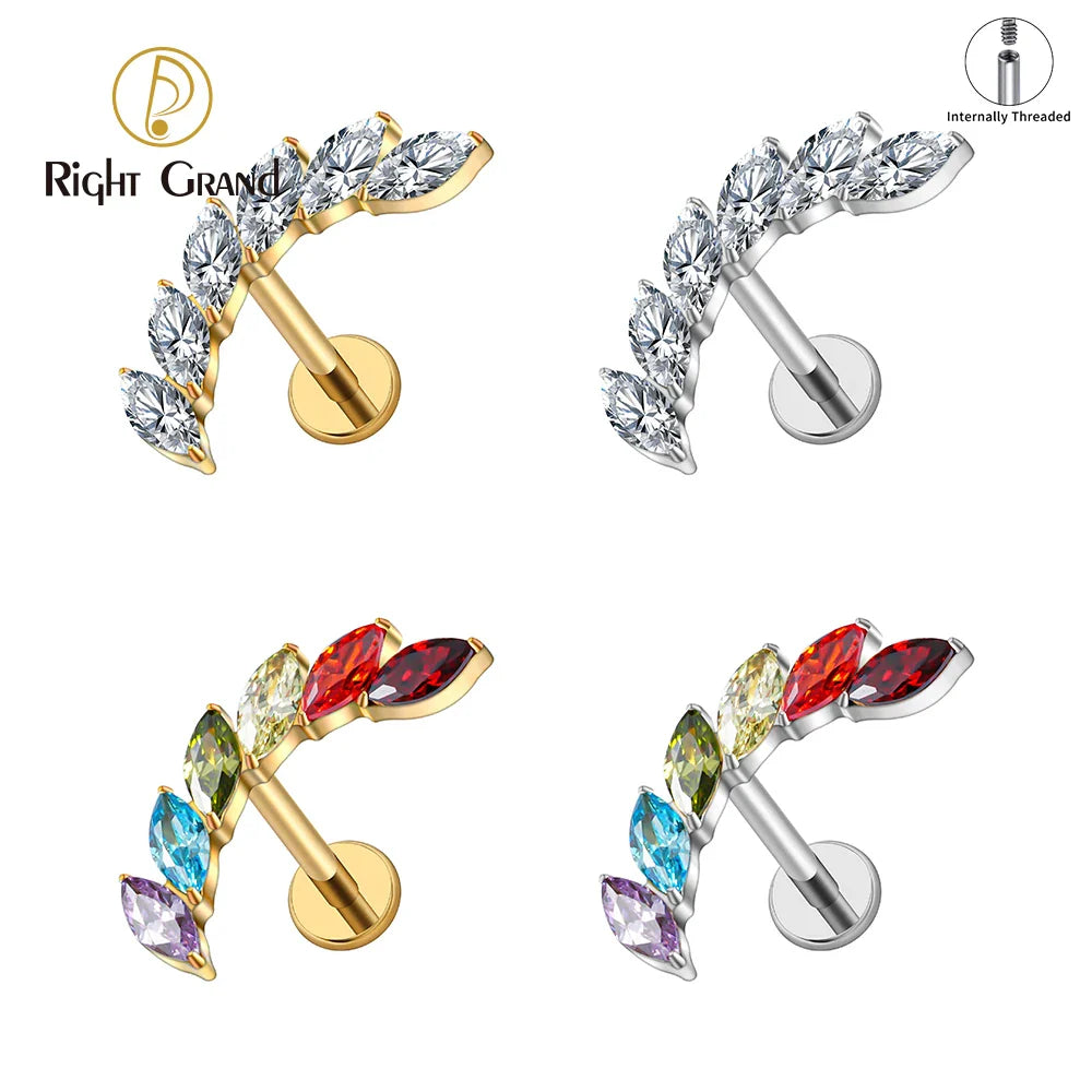 Right Grand ASTM F136 Titanium 16G Ear Climber CZ Cartilage Earring – Curved Marquise Helix, Tragus & Labret Flat Back Piercing Stud