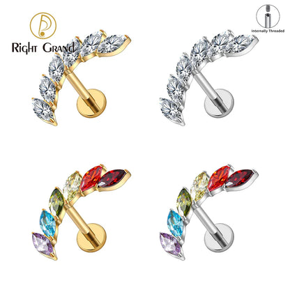 Right Grand ASTM F136 Titanium 16G Ear Climber CZ Cartilage Earring – Curved Marquise Helix, Tragus & Labret Flat Back Piercing Stud