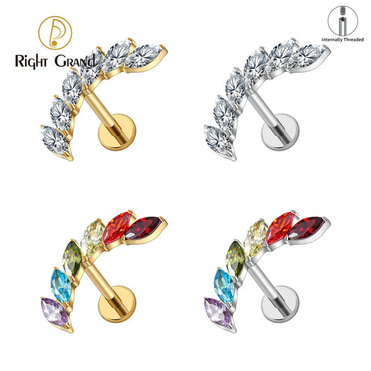 Right Grand ASTM F136 Titanium 16G Ear Climber CZ Cartilage Earring – Curved Marquise Helix, Tragus & Labret Flat Back Piercing Stud