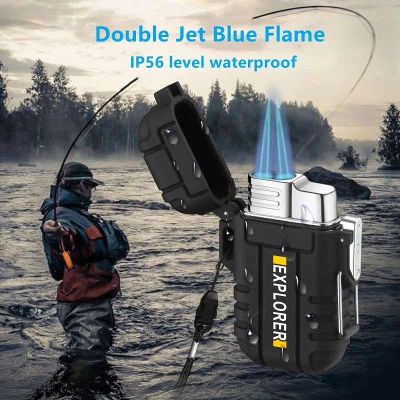 Outdoor Waterproof Blue Flame Lighter with Lanyard – Portable Butane Jet Cigar Lighter for Camping and Wading