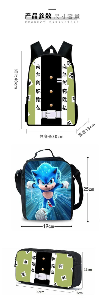 3 Piece Cartoon School Bag Set - Sonic Lunch Bag, Pencil Case, and Backpack for Primary and Middle School Students