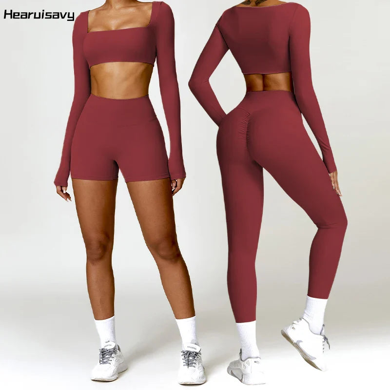Hearuisavy 2PCS Long Sleeve Gym Set for Women, Quick-Drying Yoga Clothes, Sportswear, Running Leggings, Workout Sports Crop Top