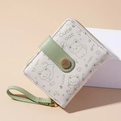Japanese Cute Cat Wallet for Girls – Short Zipper Wallet, ID & Bank Card Holder, Coin Purse & Key Storage for Women
