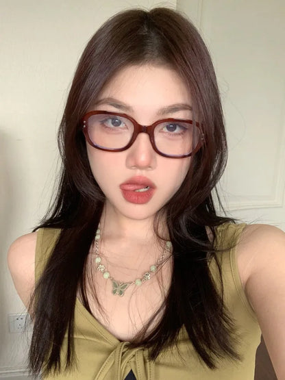 Retro Square Oval Blue Light Glasses – Thick Red Frame Korean Fashion Eyewear for Women