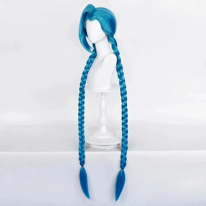 LOL Jinx Cosplay Wig – Long Braided Blue The Loose Cannon Wig, Heat Resistant Synthetic Anime Hair with Blue Braid