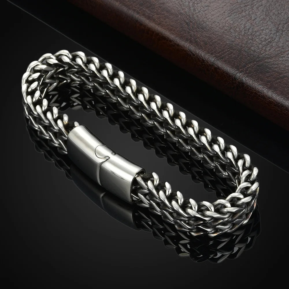 Stainless Steel Fish Scale Bracelet - Double Row Braided Magnetic Buckle Alloy Jewelry