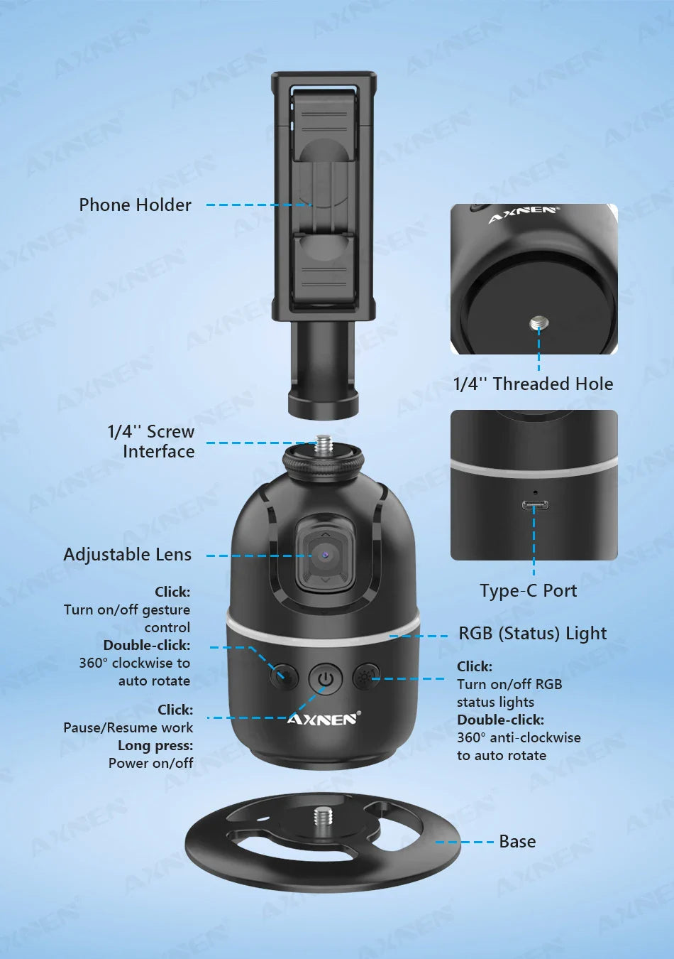 Smart Auto Face Tracking AI Gimbal – 360° Desktop Vlog Stabilizer for Smartphone & Action Camera (Tripod Optional)