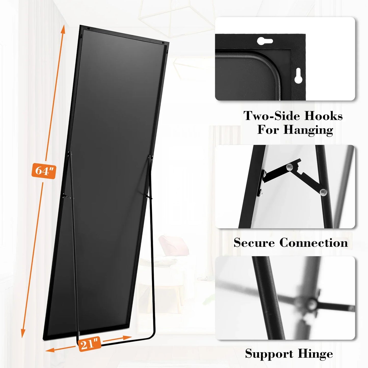 64"x21" Full Body Wall Mirror – Standing, Hanging, or Leaning with Aluminum Alloy Frame for Living Room