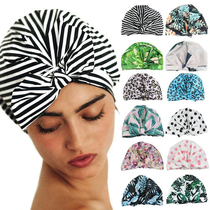 Stylish Waterproof Shower Cap - Striped Bath Cap with Adjustable Elastic Band for Women with Long Thick Hair