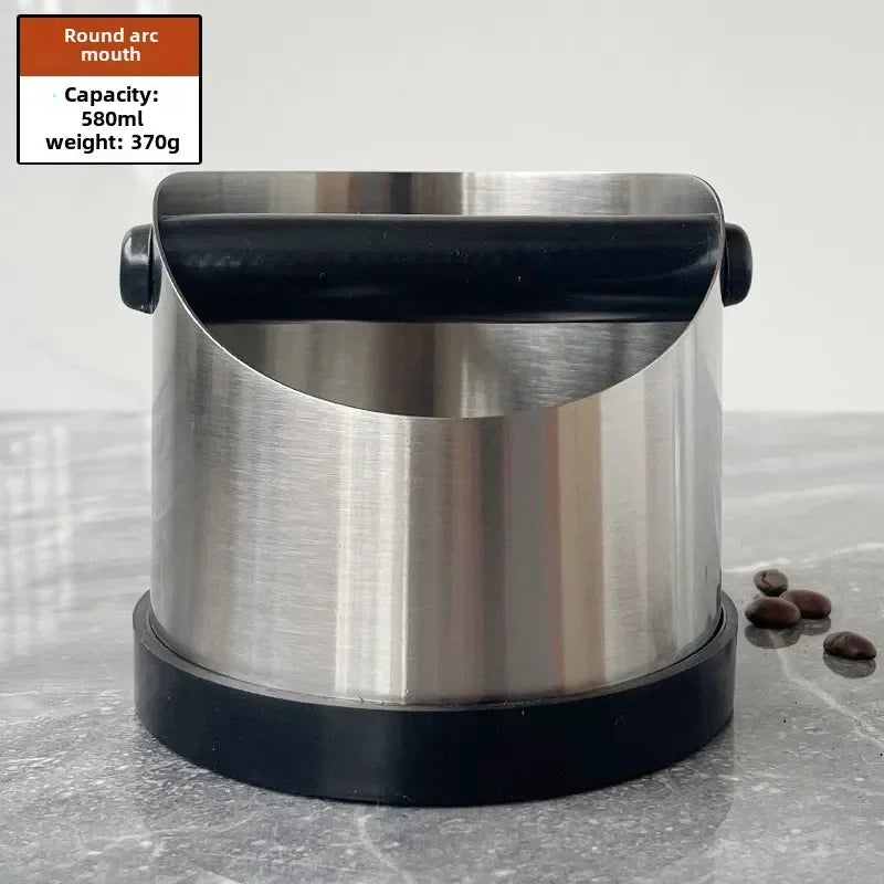 Stainless Steel Coffee Knock Box – Non-Slip Espresso Ground Bin with Rubber Ring and Beveled Design