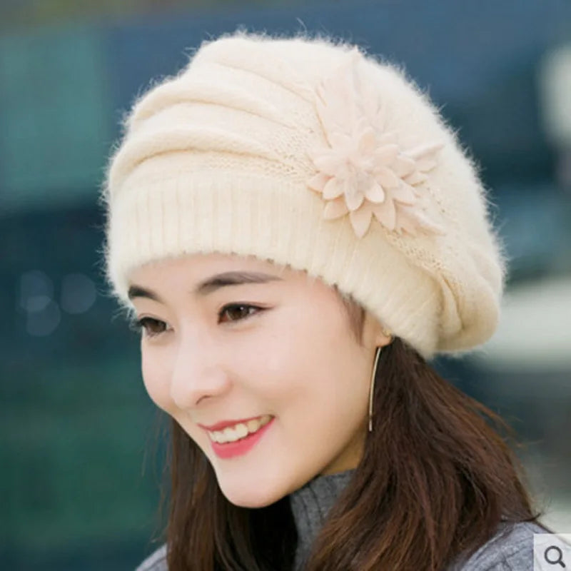 Women’s Winter Flower Beret – Thick Knitted Wool Hat, Warm Autumn & Winter Mom Hat