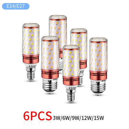 6pcs LED Corn Lamp - 3W/6W/9W/12W/15W 220V Strong Light, 3000K/4000K/6000K, E27/E14 Lamp Holder for Home Emergency Lighting