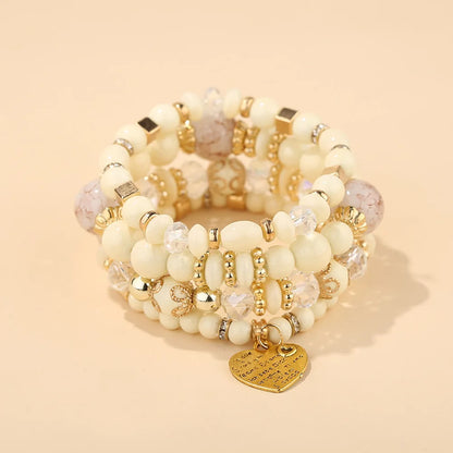 Bohemian Acrylic Beaded Bracelet Set – Solid Heart Charm Elastic Bangles for Women & Men, Retro Daily Wear Jewelry Gift