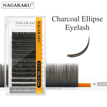 NAGARAKU Flat Ellipse Eyelash Extensions – L Curl Matte Charcoal Split Tip Lashes 0.15/0.20 Super Soft Natural Look