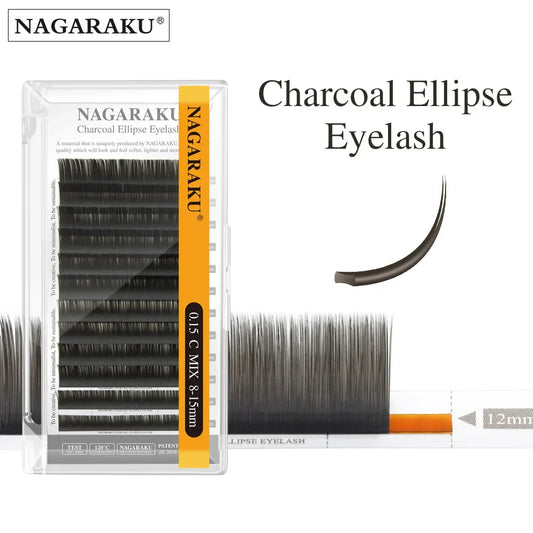 NAGARAKU Flat Ellipse Eyelash Extensions – L Curl Matte Charcoal Split Tip Lashes 0.15/0.20 Super Soft Natural Look