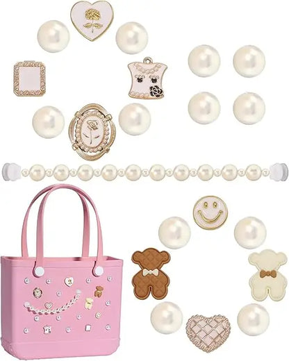 20PCS Beach Bag Charms Set – Pearl, Butterfly & Flower Decorative Accessories for Bo Bag, Stylish Compatible Clip-On Bag Charms
