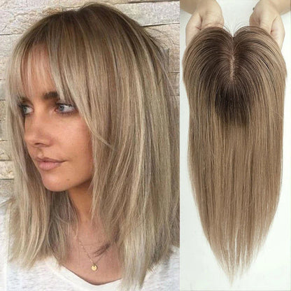 10" Brown Ombre Remy Human Hair Topper – Straight with Bangs, Silk Base, Clip-In Extension for Women