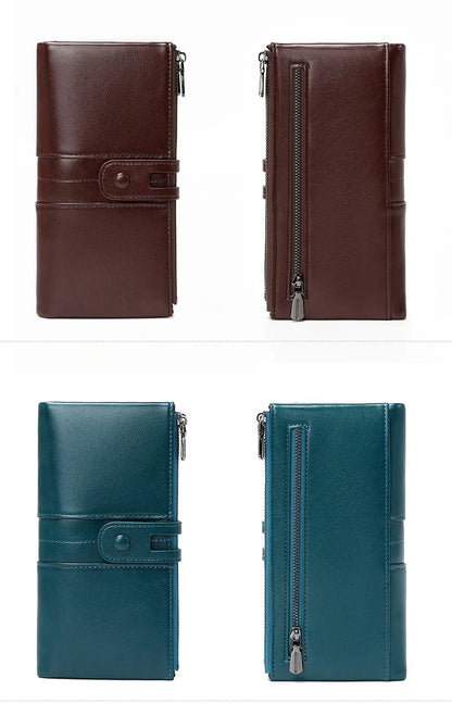 RFID Blocking Large Capacity Wallet – Soft Leather Solid Color Clutch, Multi-Functional Zipper Purse for Women & Men