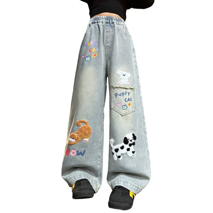 Girls’ Cartoon Embroidered Wide-Leg Jeans – Autumn Fashion Denim Pants for Kids & Teenagers, Ages 4-14