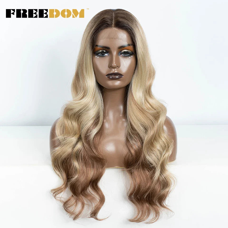FREEDOM 26-Inch Synthetic Lace Front Wig for Women — Honey Brown Body Wave with Ombre Blonde Highlights, Cosplay & Fashion Wig