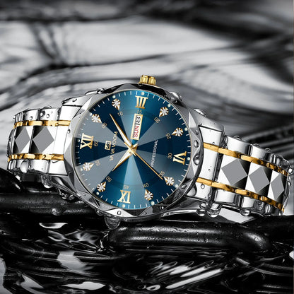 Men's Luxury Water Diamond Watch – Blue & Gold Stainless Steel, Night Glow, Double Calendar Quartz Movement, 41mm Business Fashion Watch