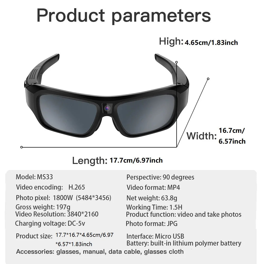 4K HD Smart Glasses Camera — Eyewear Camcorder for Driving, Cycling & Outdoor Video Recording