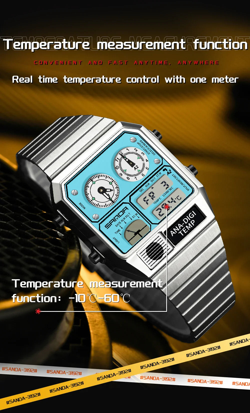 SANDA 3192 Men’s LED Square Watch — Youth Casual Multi-Function Stopwatch Thermometer Chronograph