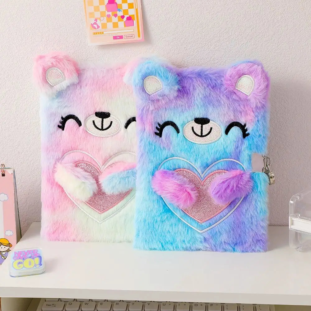 Cartoon Bear Plush Lock Notebook A5 Tie-Dye Diary Journal for Girls – Cute Stationery Gift