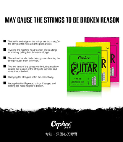Orphee Acoustic Guitar Strings – 6Pcs/Set, Hexagonal Core, Full Bright Tone, TX620/TX630/TX640, Folk Guitar Accessories