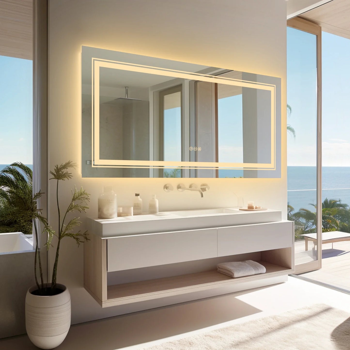 Extra Large Rectangle LED Bathroom Mirror – Dimmable, Anti-Fog, Shatter-Proof Vanity Mirror with Front & Backlight