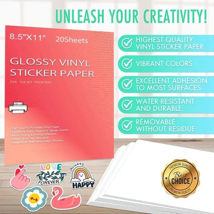 20 Sheets Printable Vinyl Sticker Paper: Glossy White Matte for Inkjet & Laser Printers - Waterproof Decal Paper, Self-Adhesive, 8.5x11 Inches