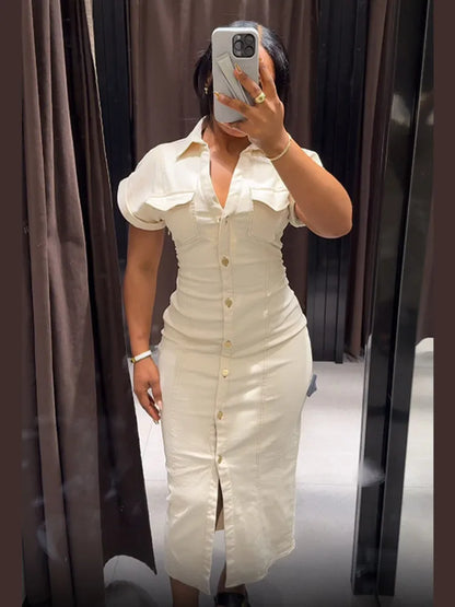 Women’s Chic White Denim Dress – Casual Lapel Long Slim Maxi, Single-Breasted Short Sleeve Summer Dress