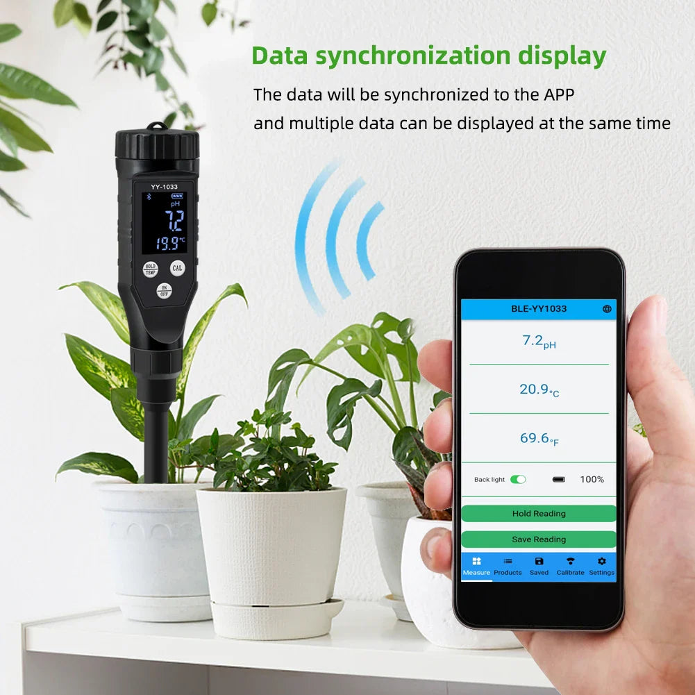 Smart Soil pH Meter 0.0-14.0pH - Bluetooth Soil Tester & Data Logger for Hydroponics, Garden & Farmland
