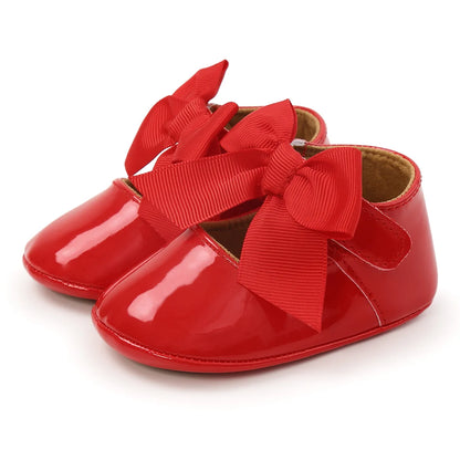 Meckior Baby Girl Shoes – Bowknot PU Ballet Slippers with Rubber Anti-Slip Sole, First Walker Toddler Crib Dress Shoes