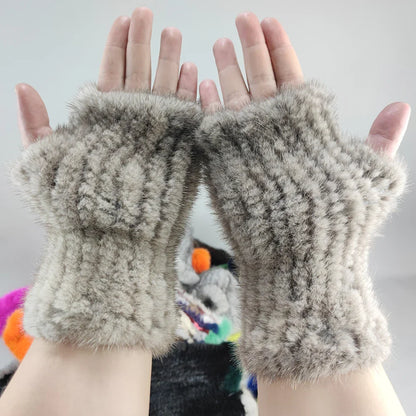Women’s Winter Mink Fur Gloves – 100% Natural Fingerless Knitted Mittens for Warmth