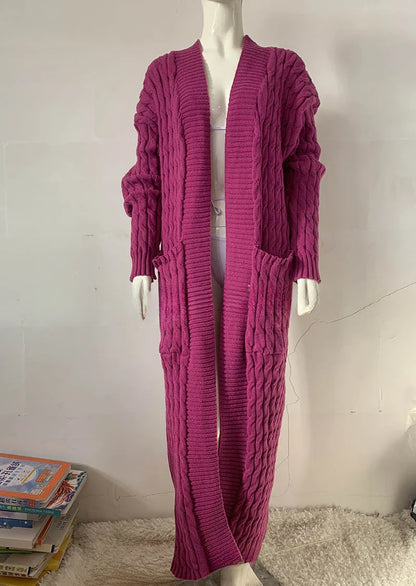 Women’s Long Knit Cardigan with Pockets – Vintage Full Sleeve Thick Autumn Winter Sweater Coat