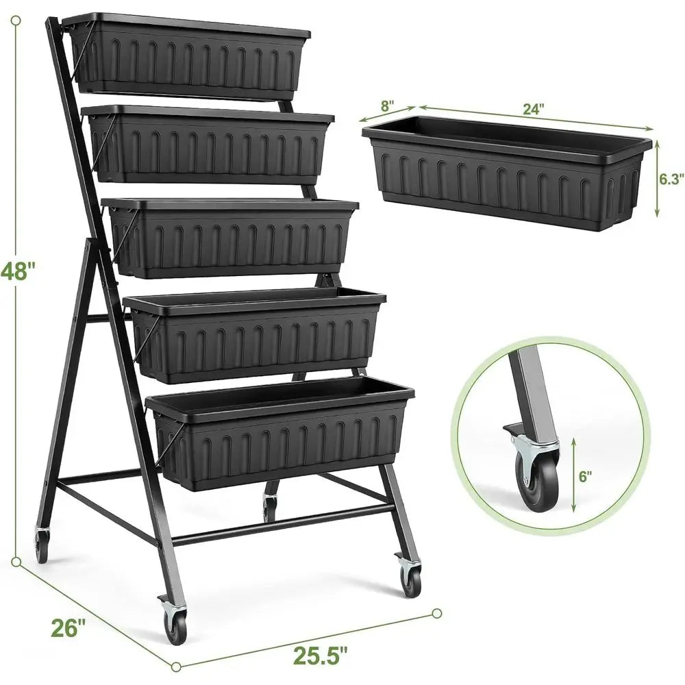 2-Tier Veal Garden Planter with Wheels – Black Herb & Vegetable Planter with Drainage and Hooks