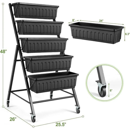 2-Tier Veal Garden Planter with Wheels – Black Herb & Vegetable Planter with Drainage and Hooks
