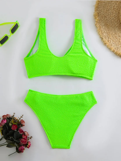 2025 Summer Women's Two-Piece Swimsuit – Solid High Waist V-Neck Backless Bikini Set Beachwear