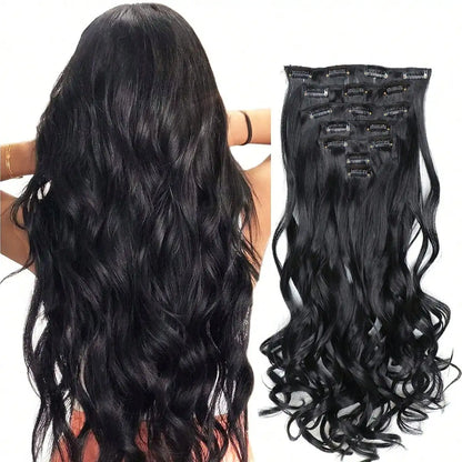 Clip-In Hair Extensions, 7-Piece Full Head 22-Inch Long Curly Wavy Synthetic Hair Extensions for Women and Girls