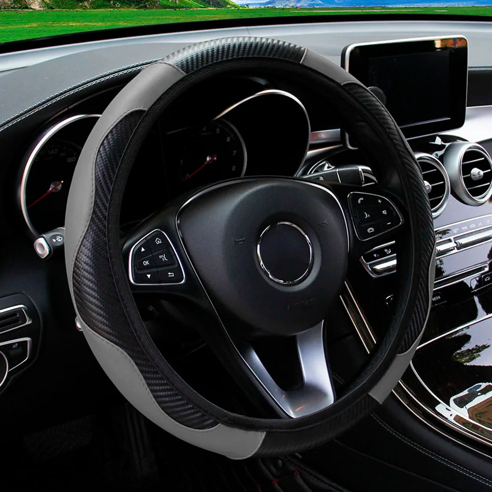 PU Carbon Fiber Leather Steering Wheel Cover — No Inner Ring, Fits 14.5-15 Inch Cars