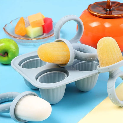 4/6 Cavity Baby Teething Ice Cream Mold – Silicone Freezing Milk Popsicle Stick Maker for DIY Homemade Summer Treats & Kitchen Use