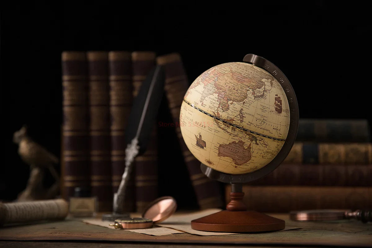 New World Globe – Retro Earth Map with Wooden Base, English Geography Education Desk Decoration