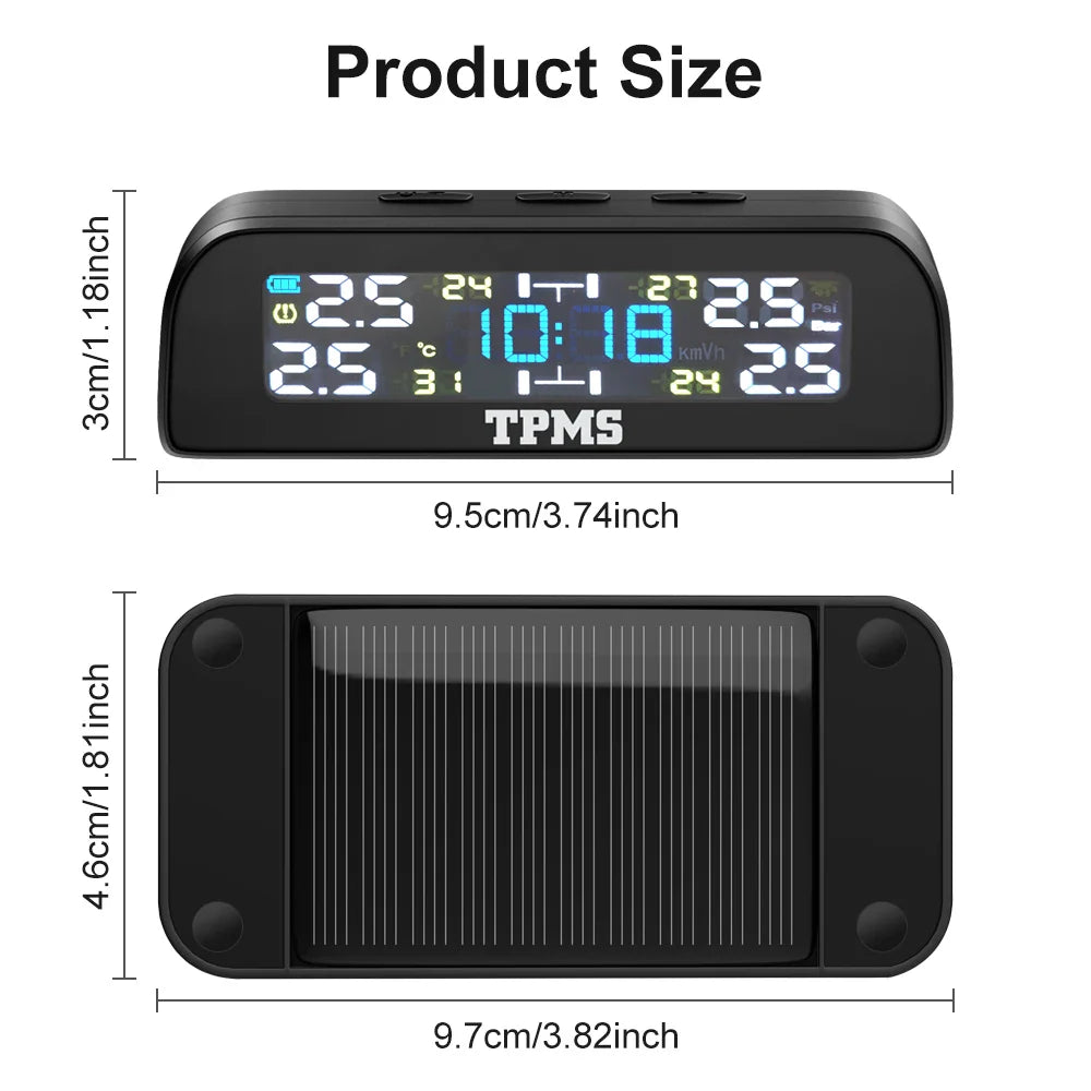 Solar Car TPMS Tire Pressure Monitoring System – 4 External Sensors with Temperature Alarm for Tyre Safety